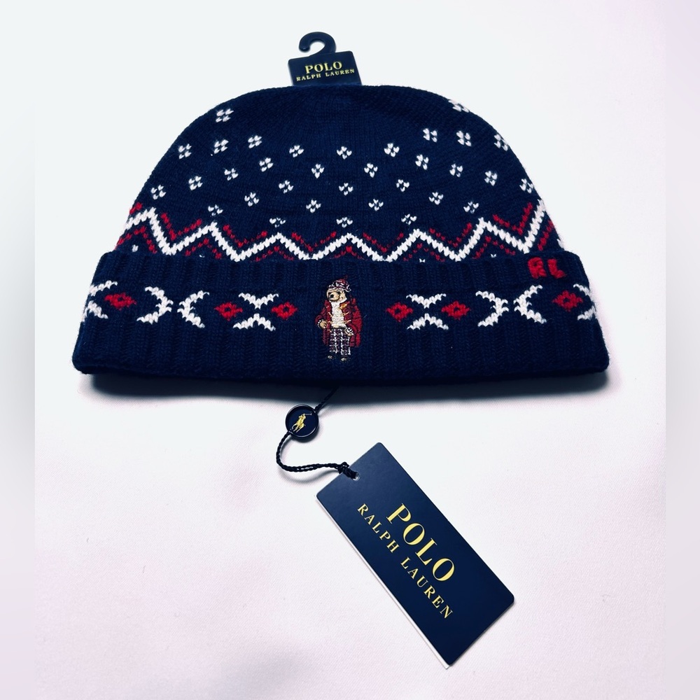 NWT 🧸Ralph Lauren CHRISTMAS Holiday🎄POLO BEAR KNIT WoolBlend Beanie Navy /Red
